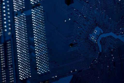 Selective focus of computer motherboard elements 스톡 사진