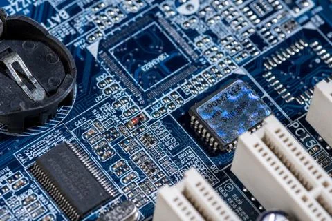 Selective focus of computer motherboard various details Foto stock