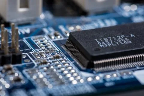 Selective focus of computer motherboard various details 스톡 사진