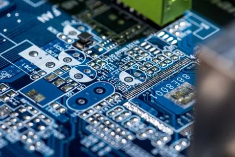 Selective focus of computer motherboard various details Foto stock