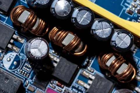 Selective focus of computer motherboard various details Foto stock