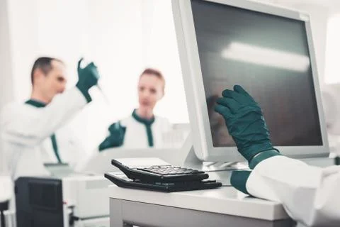 Selective focus of computer screen in hospital 스톡 사진