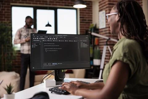 Selective focus on computer screen with programming language text of programmer 写真素材