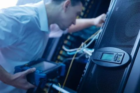 Selective focus of a control panel on the data server Stock Photos