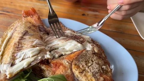 Selective focus of cooking fish. Baking and roasting marinated fish on barbecue Stock Footage 312015493