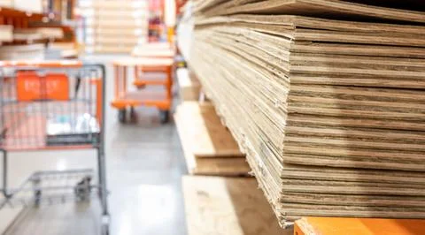 Selective focus on corner edge of stacked plywood at a lumberyard hardware store Foto stock