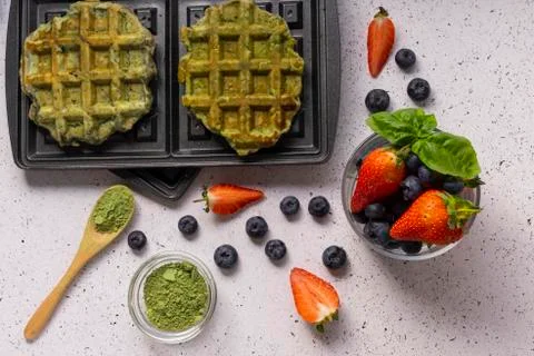 Selective focus, curd matcha waffles Stock Photos