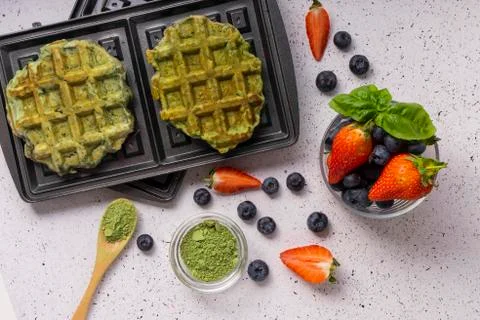 Selective focus, curd matcha waffles Stock Photos