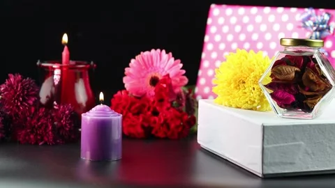 Selective Focus On Decorative Violet Lilac Purple Pillar Candle Illuminated Stock Footage 165417240