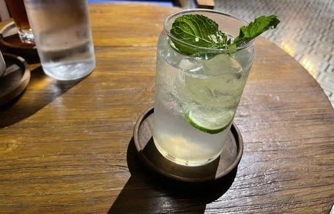 Selective focus, Delicious refreshing summer mojito with ice, lime and mint i Stock Photos