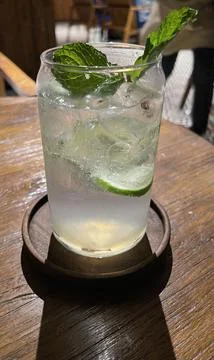 Selective focus, Delicious refreshing summer mojito with ice, lime and mint i Stock Photos