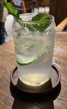 Selective focus, Delicious refreshing summer mojito with ice, lime and mint i Stock Photos