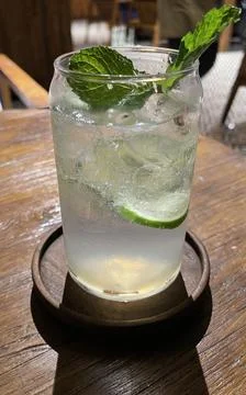 Selective focus, Delicious refreshing summer mojito with ice, lime and mint i Stock Photos