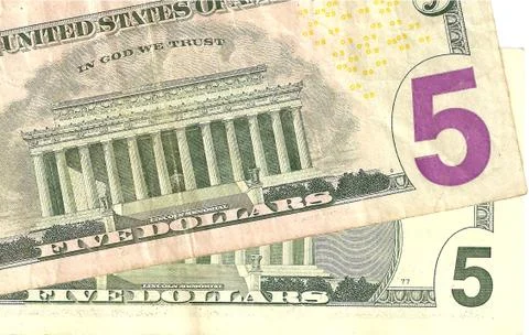 Selective Focus Different Series of Backside Five Dollars Banknotes  Stock Photos