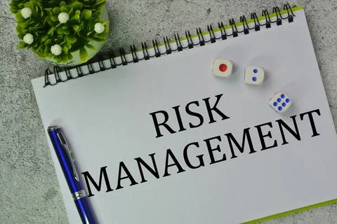 Selective focus of disk, pen, flower and notebook written with RISK MANAGEMENT Stock Photos