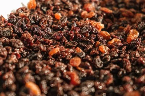 Selective focus of dried raisins - variation of colors Stock Photos