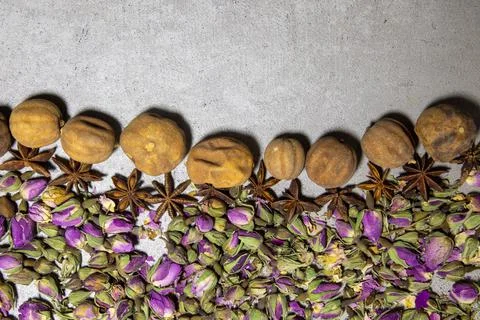 Selective focus dried rose bud. spice shop for sale Stock Photos