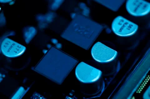 Selective focus effect and macro view of the group of electronic components o Foto stock