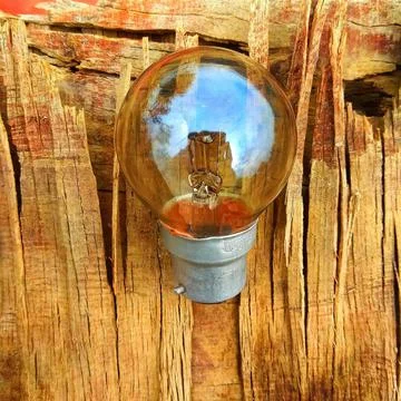 Selective focus on the electric bulb placed broken wooden surface Stock Photos
