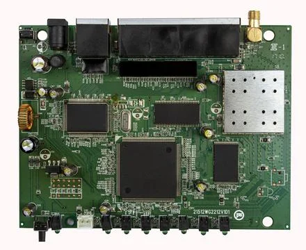 Selective focus electronic circuit board PCB with components: microchip Stock Photos
