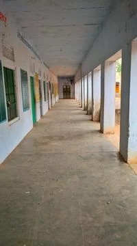 Selective focus on Empty corridor with closed and open doors. Stock Photos