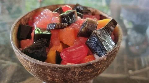 Selective focus of es campur (mixed fruit ice dessert) Stock Photos