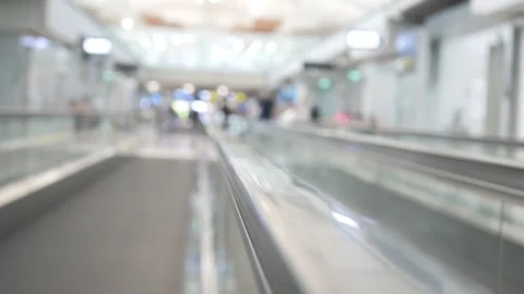 Selective focus on escalator handheld of walkway escalator inside airport d.. Stock Footage 279444153