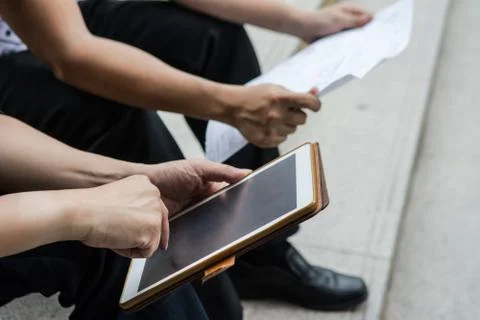 Selective focus on finger work on tablet Stock Photos