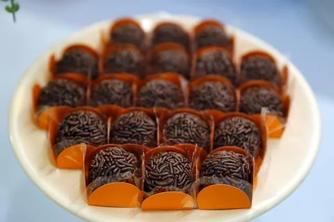 Selective focus on first row of colorful and delicious brigadeiros Stock Photos