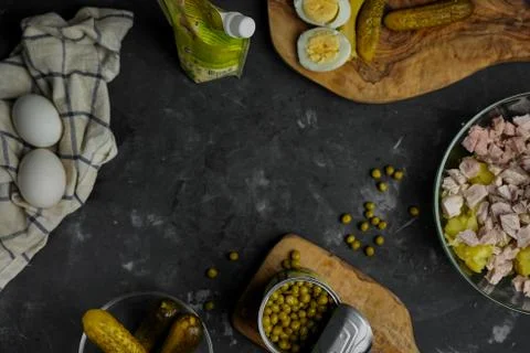 Selective focus, flat lay, ingredients for Olivier salad Foto stock