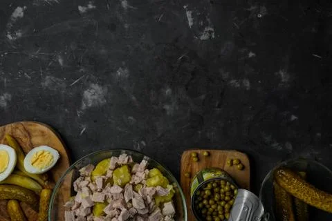 Selective focus, flat lay, ingredients for Olivier salad Stock Photos
