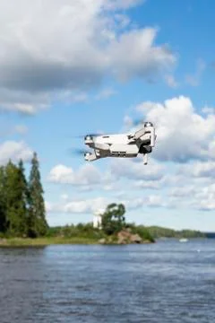 Selective focus, flying drone, quadrocopter Stock Photos