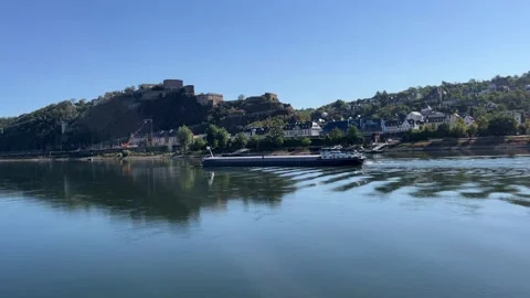 Selective focus freight barge moving along the Rhine in Koblenz Stock Footage 344930508