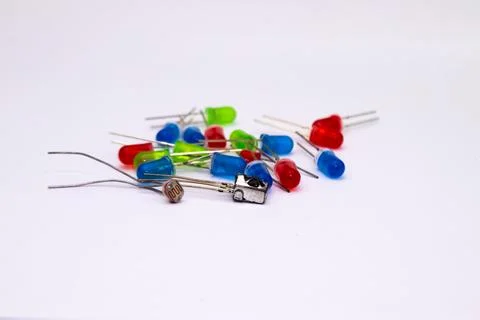 Selective focus front view of an LDR and an IR receiver on a group of LEDs. T Stock Photos