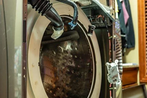 Selective Focus on the gasket mount of a front loading washing machine being Foto stock