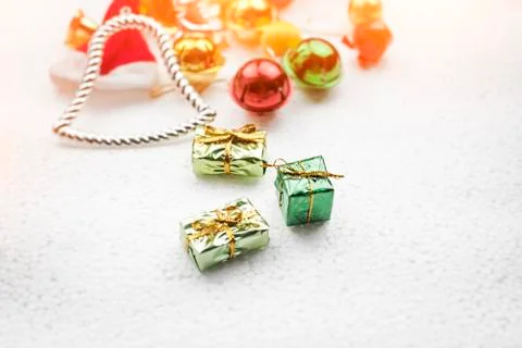 In selective focus of gift boxes put on background,warm light tone,blurry lig Stock Photos
