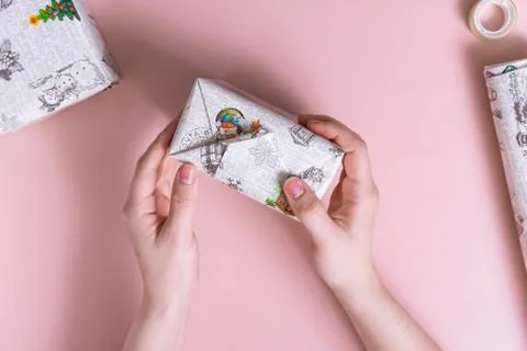 Selective focus. gift wrapping with your own hands, instructions Stock Photos
