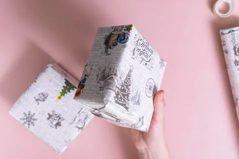 Selective focus. gift wrapping with your own hands, instructions Stock Photos