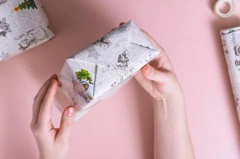 Selective focus. gift wrapping with your own hands, instructions Stock Photos