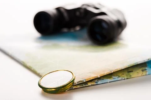 Selective focus golden compass map Stock Photos