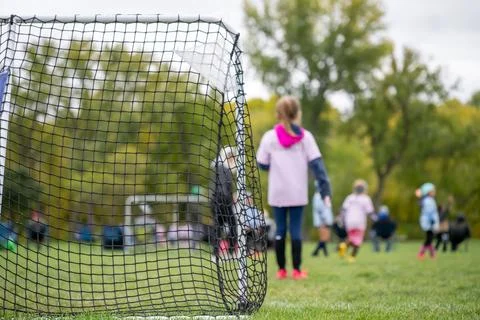 Selective focus on grass and back of goal net in a youth soccer match. Stock Photos