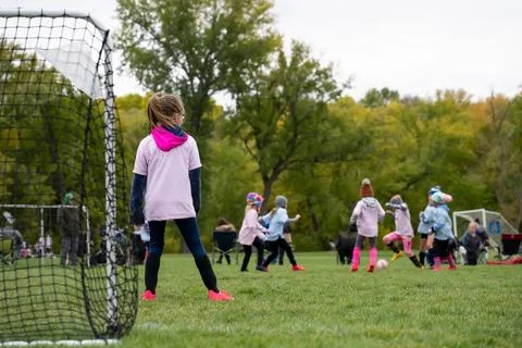 Selective focus on grass and back of goal net in a youth soccer match. Stock Photos