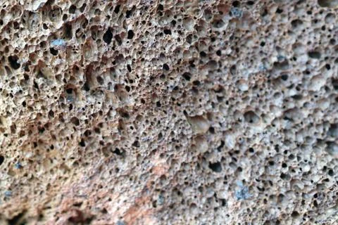 Selective focus. Gray-brown large-pore stone. Pumice stone texture. Stock Photos