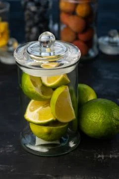 Selective focus, green lime slices Stock Photos