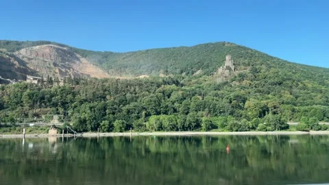 Selective focus green Rhine Valley landscape with river and rolling mountains Stock Footage 345592921