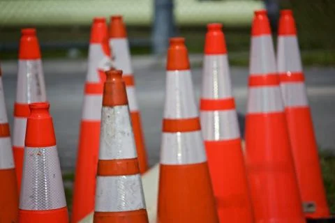 Selective focus on group of orange traffic cones Stock Photos