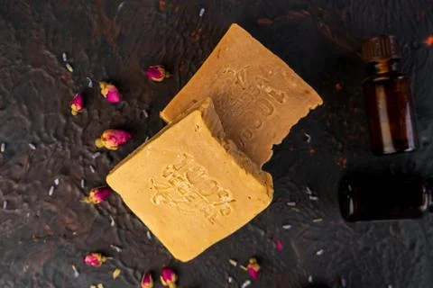 Selective focus, hand-made scented soap Stock Photos