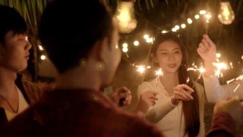 Selective focus hand. People holding firework sparklers having fun with fri.. Stock Footage 243824255