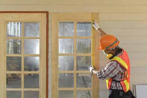 Selective focus of handsome man in goggles and apron in workshop,Carpenter wo Stock Photos