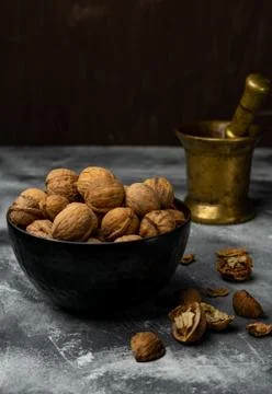 Selective focus, harvested walnut in shell Stock Photos